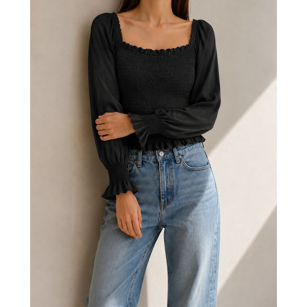 Black Smocked Blouse L Square Neck Puff Sleeve Ruffle Coquette Romantic Cottagec